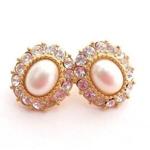 Gold Plated Designer Signed Erwin Pearl Rhinestone Earrings